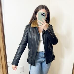 All Saints Sherwood Leather Biker Jacket with Fur Collar in Black Size Small